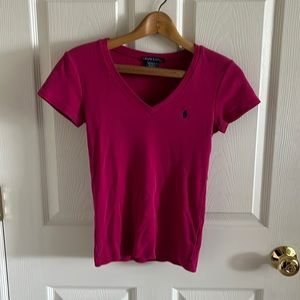 Ralph Lauren Women's Pink Short Sleeve V-Neck Tee Size XS Navy Blue Polo Guy